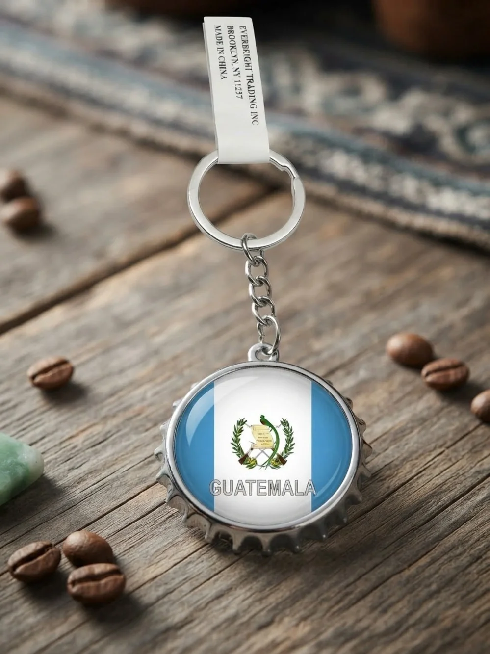 2 pack- Guatemala Flag Bottle Cap Keychain - Silver Keyring (Blue & White)